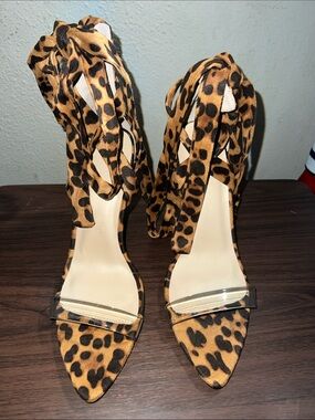 Wild Diva Leopard Lace-Up Heels in Tan and Black